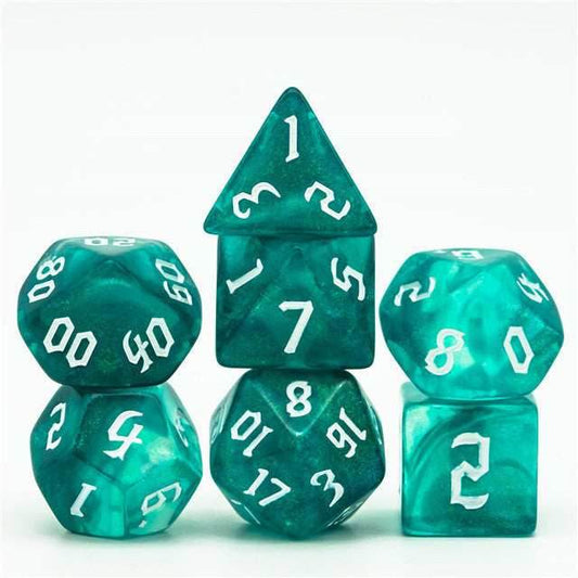 Blue-Green Glitter Party Dice (White font) 7-Dice Set RPG DND - 