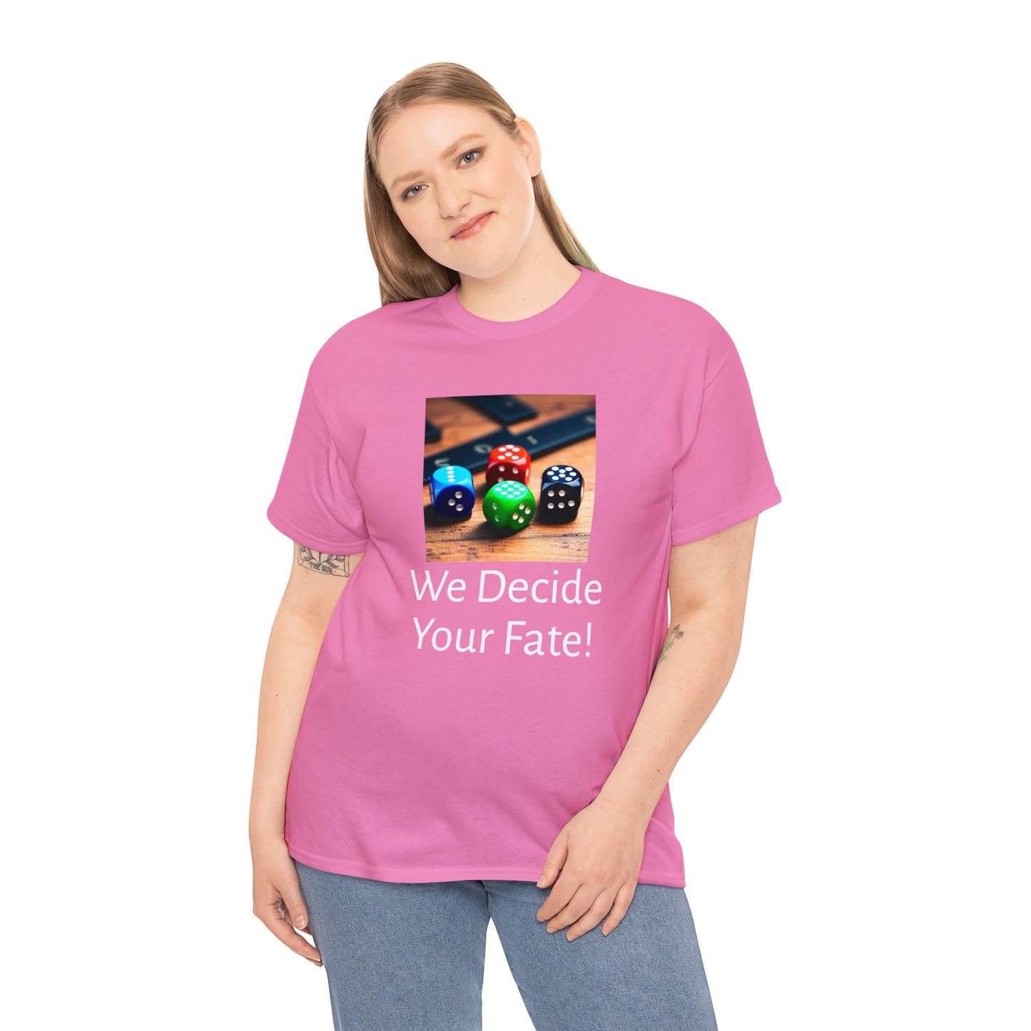 We decide your fate Unisex Heavy Cotton Teefate Unisex Heavy Cotton TeeThe unisex heavy cotton tee is the basic staple of any wardrobe. It is the foundation upon which casual fashion grows. All it needs is a personalized design to elevaT-ShirtDungeonDice1