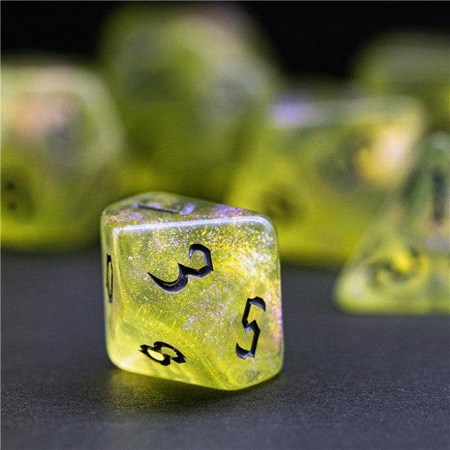 Yellow Glitter Party Glitter Dice (Silver font) 7-Dice Set RPG DND - 