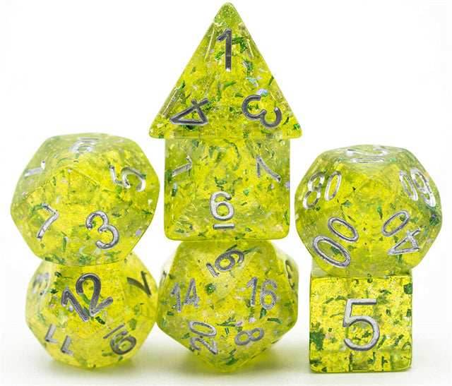 Green Cloud Brocade Powder 7-Dice Dnd Dice | Glitter w/Silver Numbers Set - 