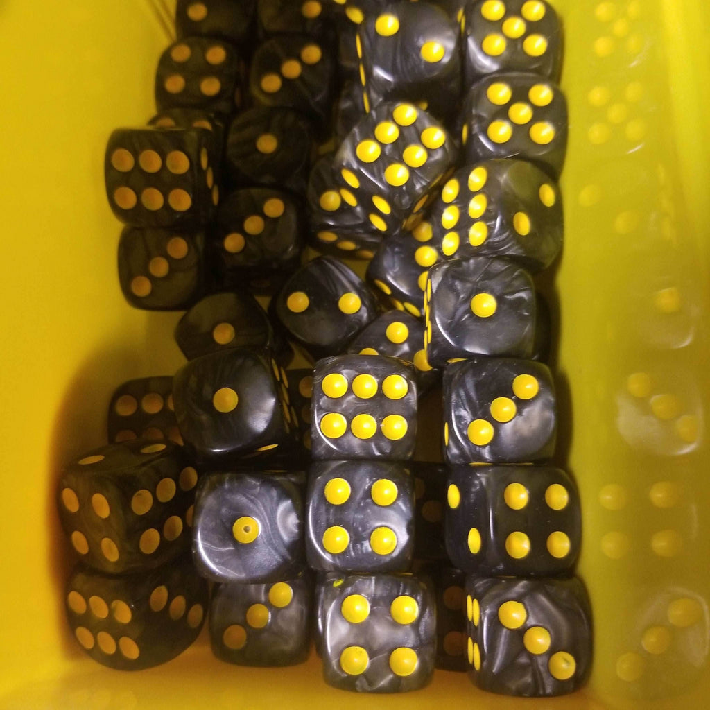 Pearl/Swirl Pipped d6 Dice Orange/Pink/Maroon/Electric Yellow/Brown/Blue/Green/Cranberry 16mm (SOLD BY PIECE) - black w/yellow pips