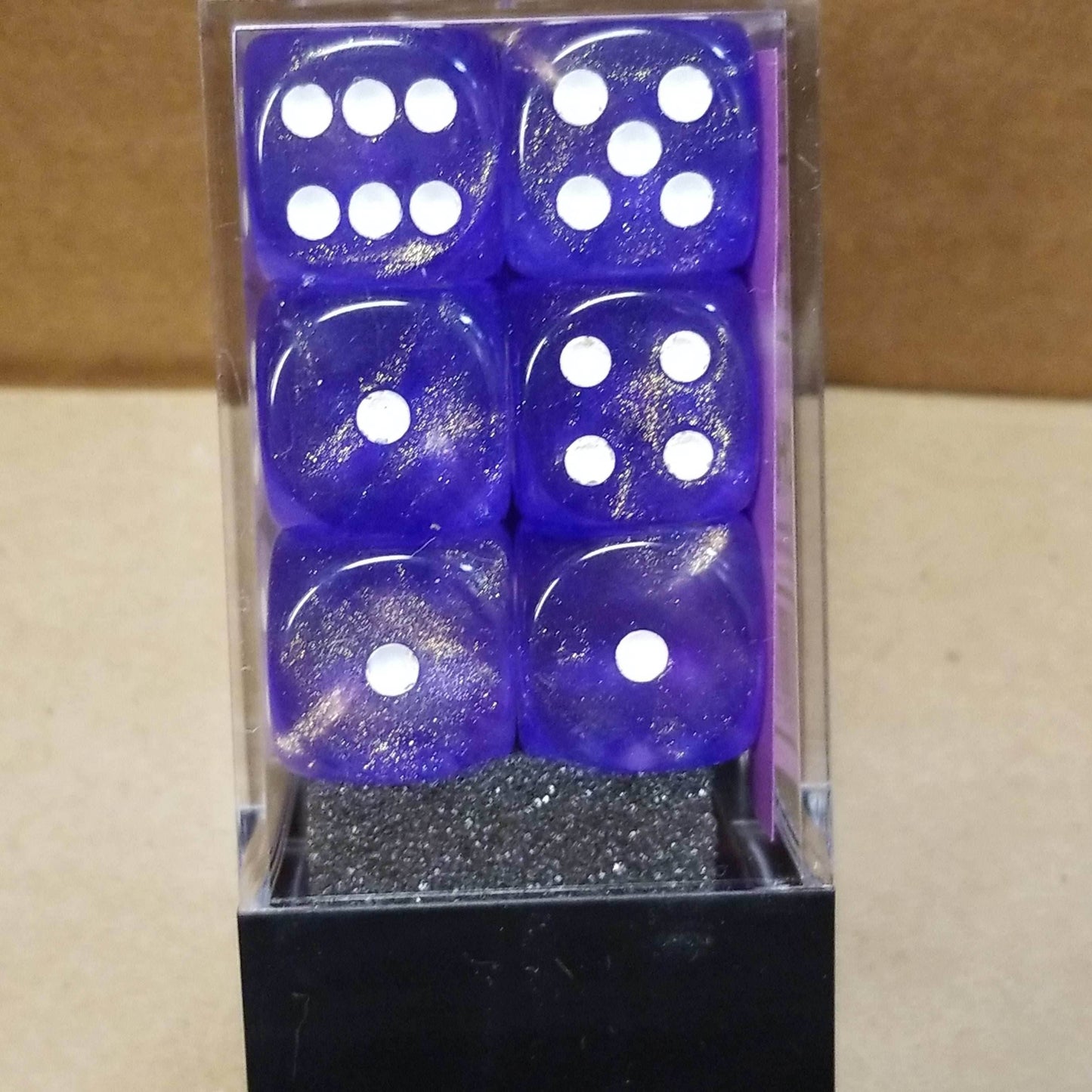 Borealis Purple/white 16mm d6 Dice Block (12 Dice) New Glitter non-Luminary - 