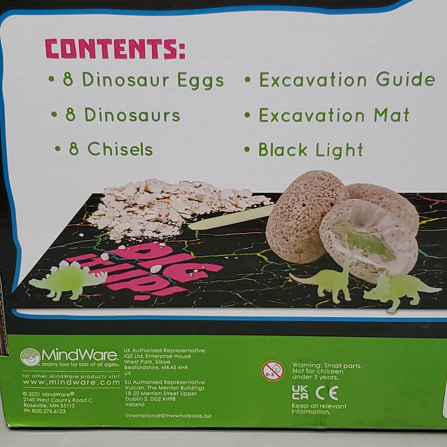 MINDWARE Dig it up Glow in the Dark Dinosaur Eggs w/ Black Light (New) - 