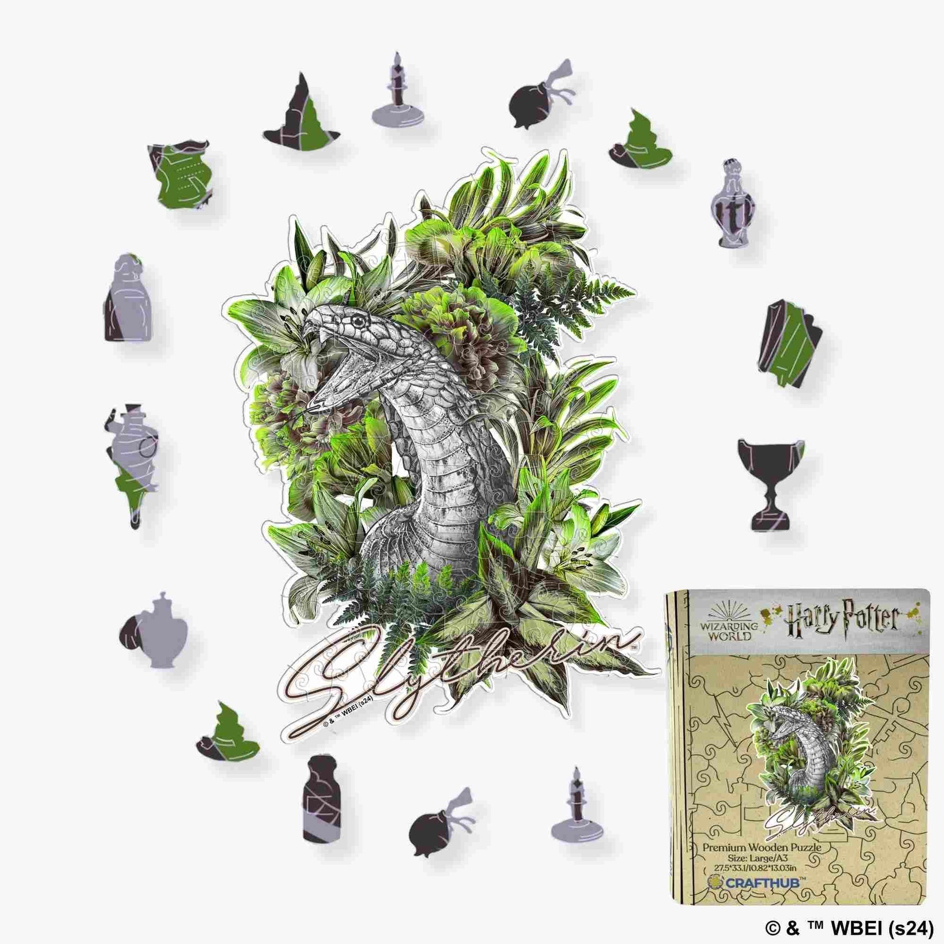 Harry Potter - Slytherin Crest - Utilitarian Romance Wooden Jigsaw Puzzle - A4 + Wooden Gift Box