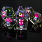 Pink Mushroom Dice Clear Green Vine w/Lavender Numbers 7-Dice Set Rpg - 