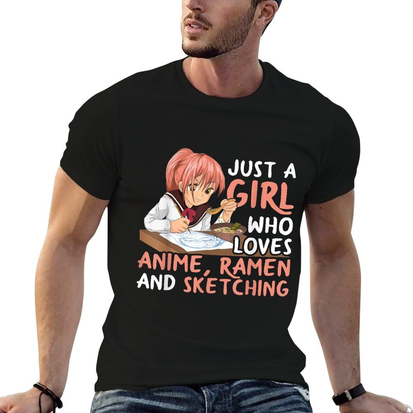 Just A Girl Who Loves Anime Ramen And Sketching Japan Anime  Trendy Pattern T-Shirt