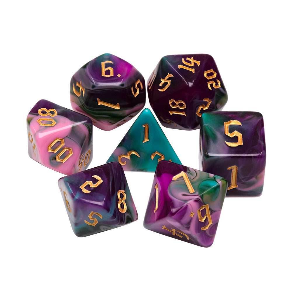 Night Elves 7-Dice Set Pink/Green/Purple w/Gold Numbers Dnd Dice Set - 