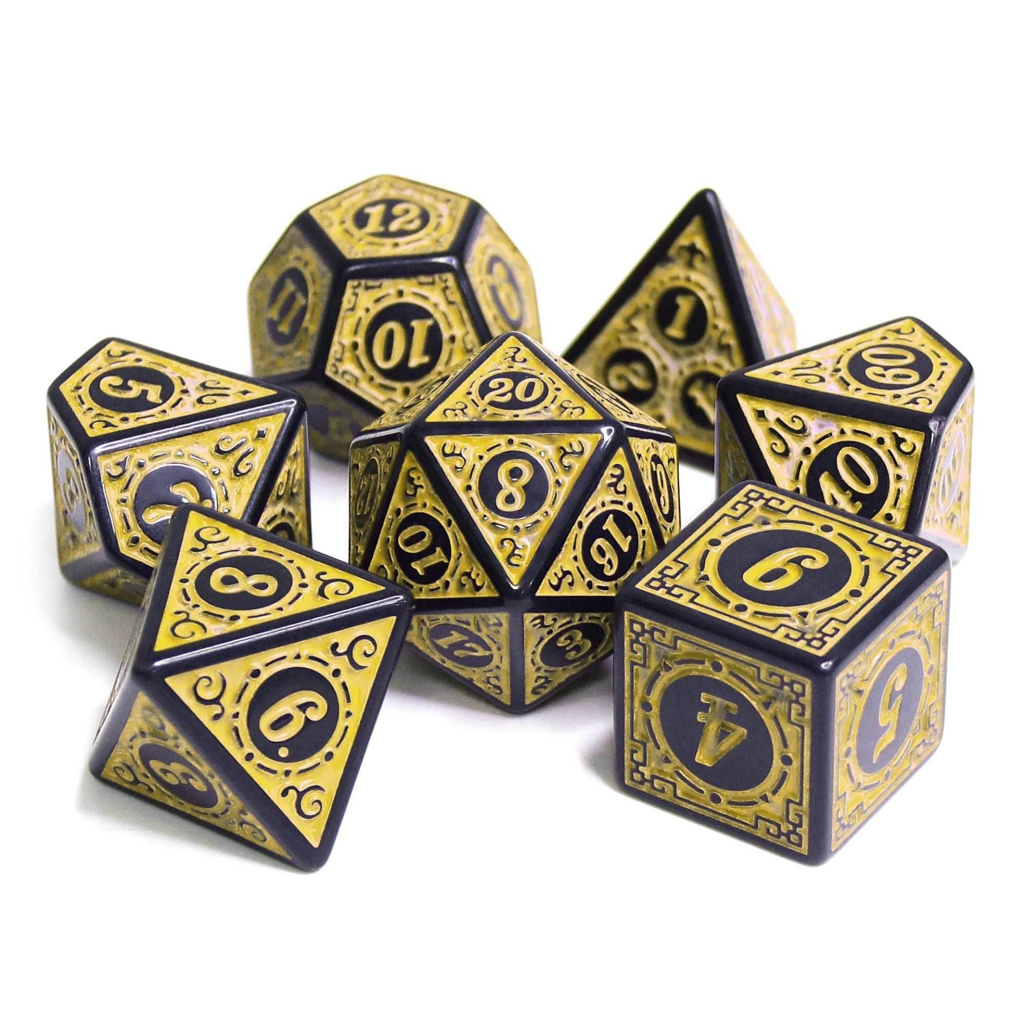 Yellow Magic Flame 7-Dice Set DND RPG Dice Black w/Color Fill - 