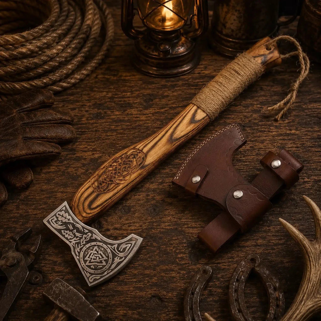 Viking Celtic Engraved Bearded Axe – Burnt Ash Wood & Rope Grip