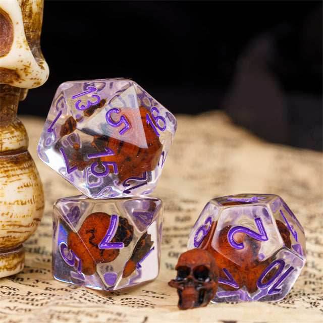 Orange Skull Dice | Clear RPG 7-Dice Set w/ Purple Numbers - 