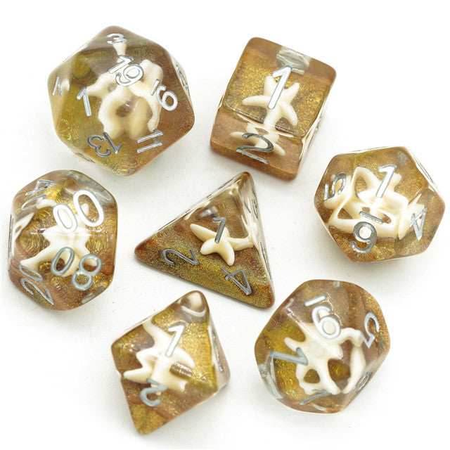 White Starfish Dice on Gold 7-Dice Set Resin Dungeons and Dragons Dice - 