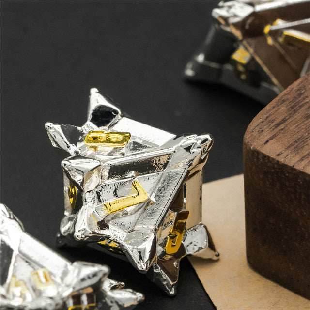 White w/Gold Pinwheel Strengthened Metal 7-Dice Set | Metal DND Dice - 