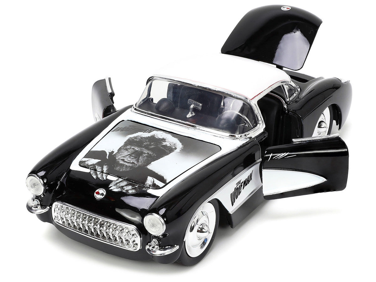 1957 Chevrolet Corvette Black with White Top and Wolfman Diecast Figure "Universal Monsters" "Hollywood Rides" Series 1/24 Diecast Model Car by Jada