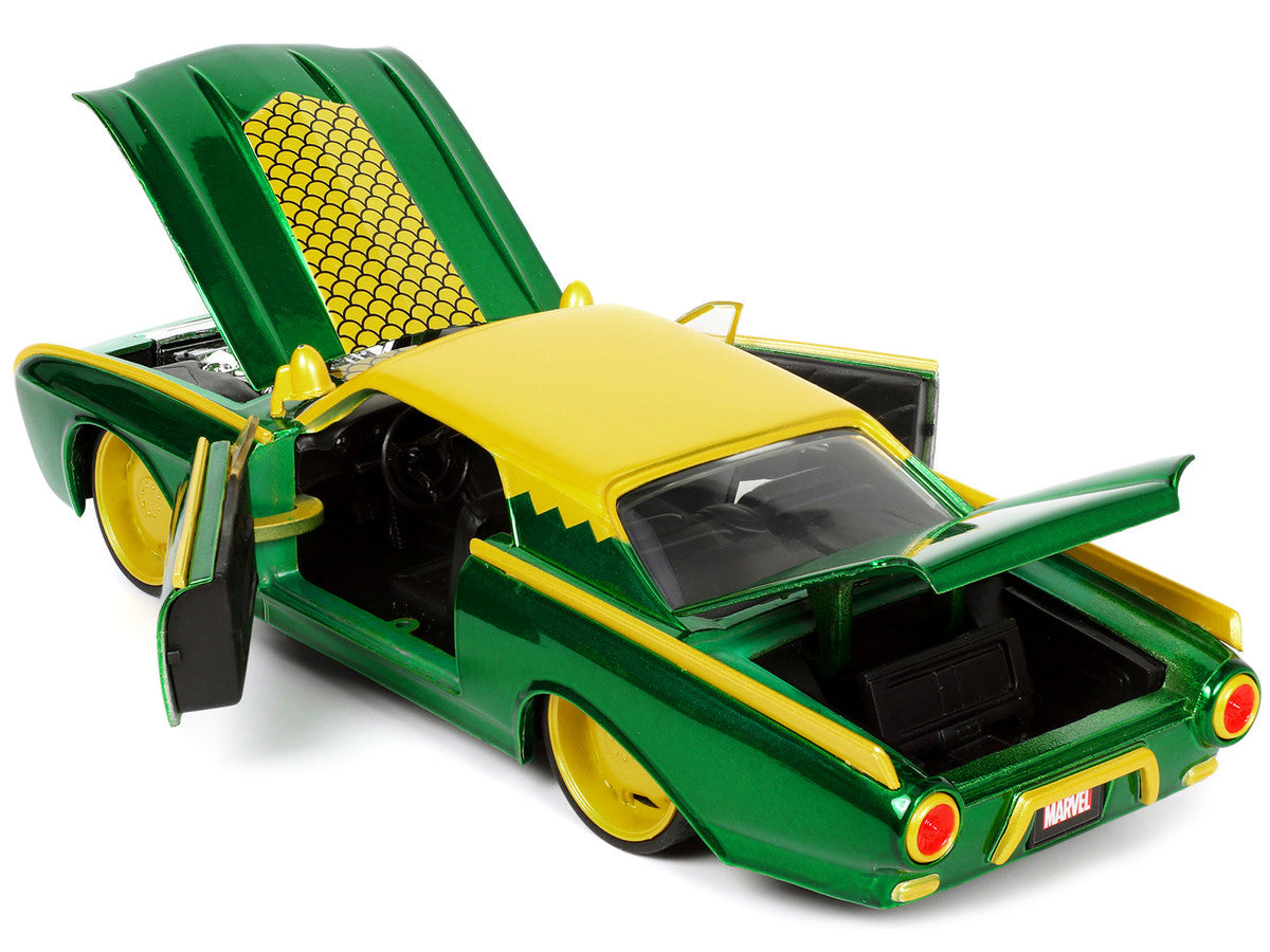 1963 Ford Thunderbird Green and Yellow Metallic with Hood Graphics and Loki Diecast Figure "Loki" "Marvel" Series 1/24 Diecast Model Car by Jada