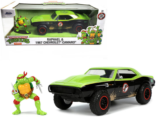 1967 Chevrolet Camaro Offroad Bright Green and Matt Black (Dirty Version) and Raphael Diecast Figure "Teenage Mutant Ninja Turtles" "Hollywood Rides" Series 1/24 Diecast Model Car by Jada