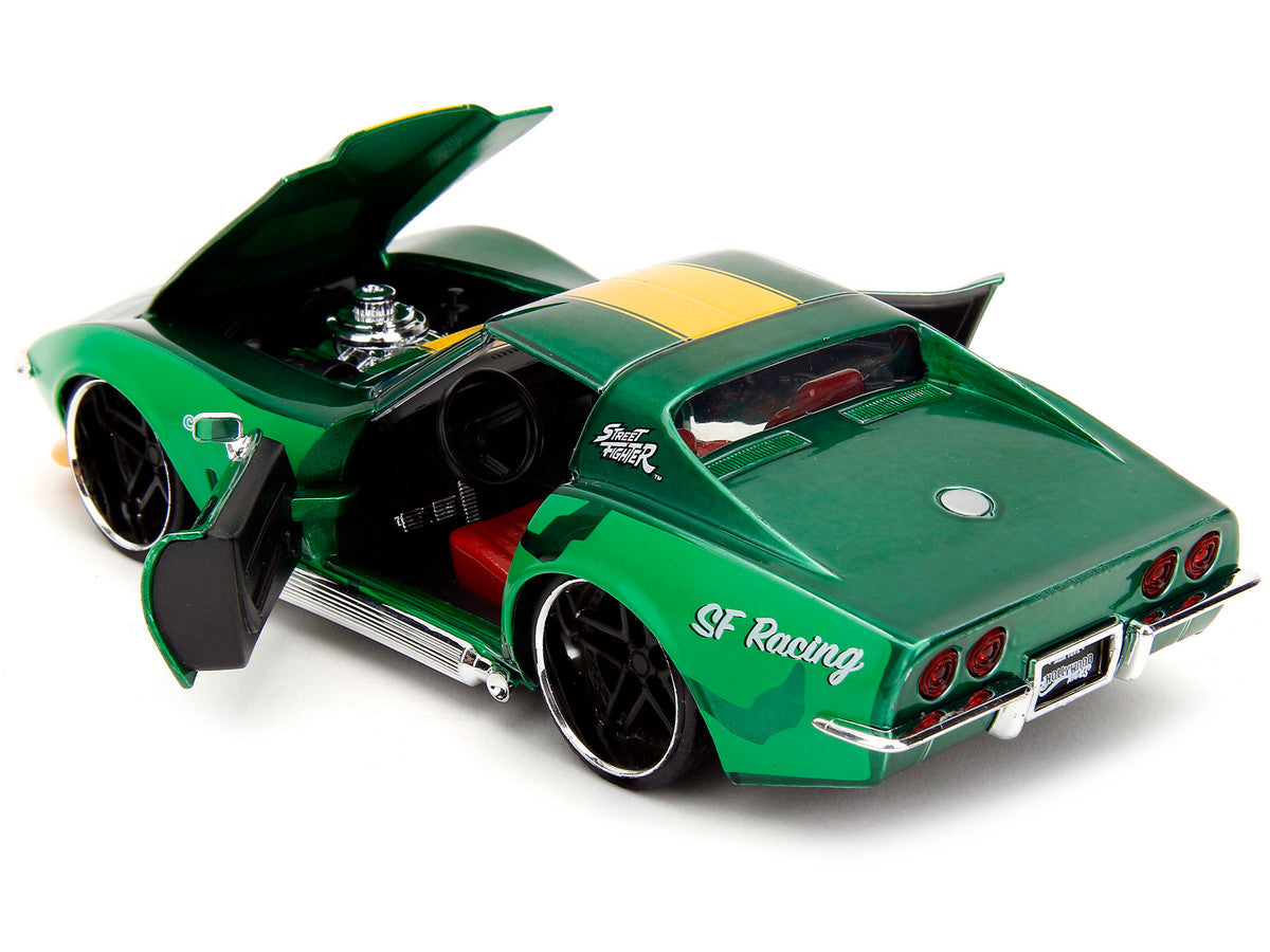 1969 Chevrolet Corvette Stingray ZL1 Green Metallic with Yellow Stripes and Cammy Diecast Figure "Street Fighter" Video Game "Anime Hollywood Rides" Series 1/24 Diecast Model Car by Jada