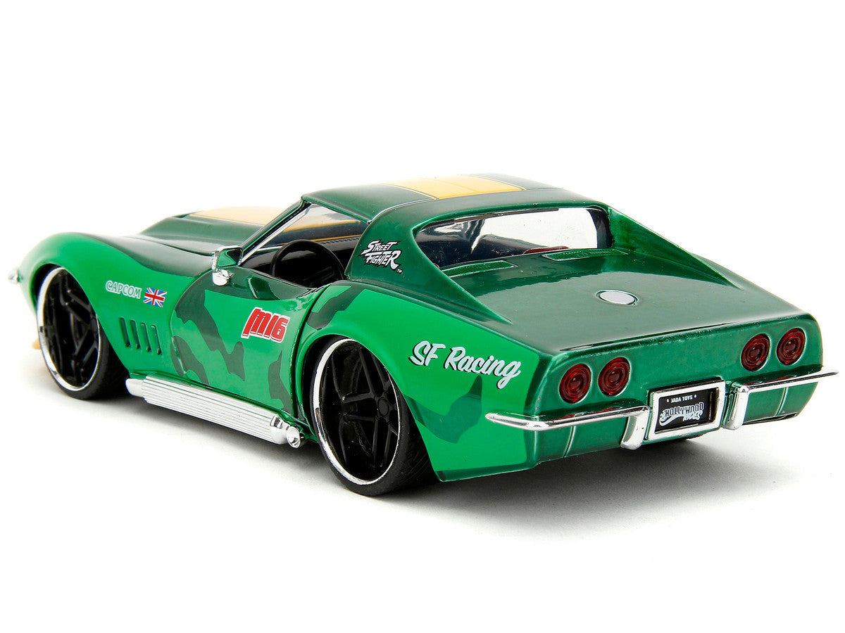 1969 Chevrolet Corvette Stingray ZL1 Green Metallic with Yellow Stripes and Cammy Diecast Figure "Street Fighter" Video Game "Anime Hollywood Rides" Series 1/24 Diecast Model Car by Jada