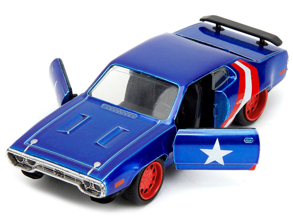 1972 Plymouth GTX Candy Blue with Red and White Stripes and Captain America Diecast Figure "The Avengers" "Hollywood Rides" Series 1/32 Diecast Model Car by Jada