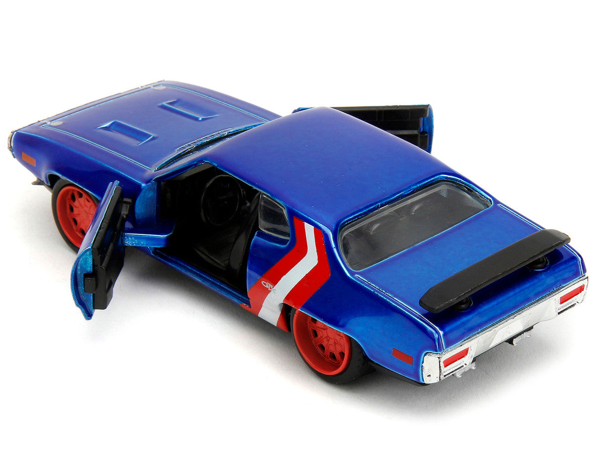 1972 Plymouth GTX Candy Blue with Red and White Stripes and Captain America Diecast Figure "The Avengers" "Hollywood Rides" Series 1/32 Diecast Model Car by Jada