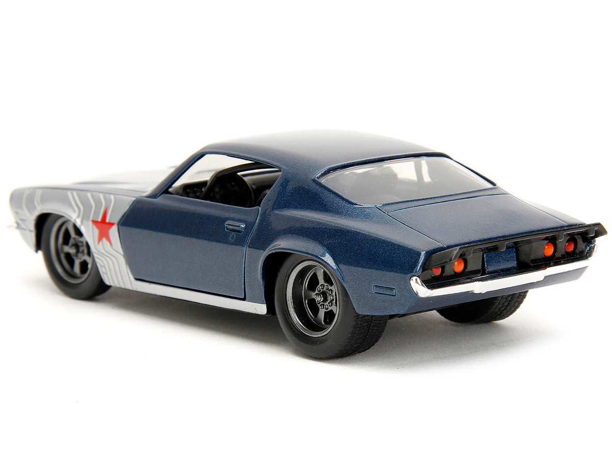 1973 Chevrolet Camaro Dark Blue Metallic with Gray Stripes and Winter Soldier Diecast Figure "Marvel Avengers" "Hollywood Rides" Series 1/32 Diecast Model Car by Jada