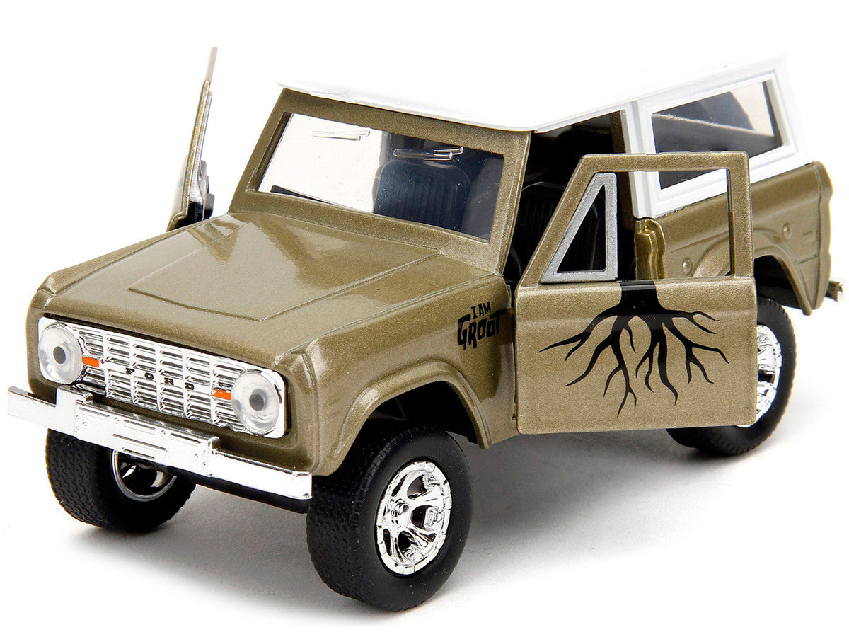 1973 Ford Bronco Gold Metallic with White Top and Groot Diecast Figure "Guardians of the Galaxy" "Marvel" Series 1/32 Diecast Model Car by Jada