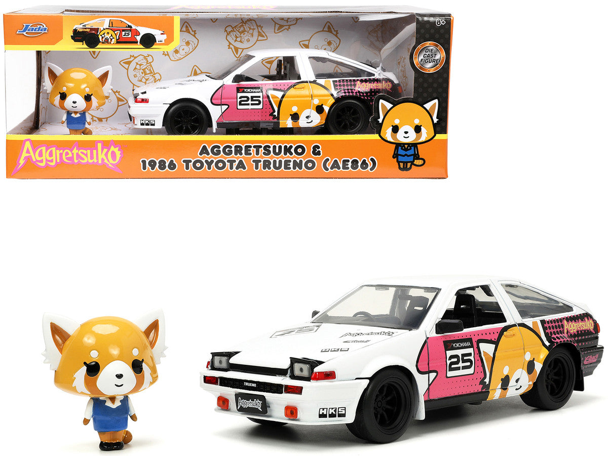 1986 Toyota Trueno (AE86) RHD (Right Hand Drive) #25 White with Graphics and Aggretsuko Diecast Figure "Aggretsuko" "Anime Hollywood Rides" Series 1/24 Diecast Model Car by Jada