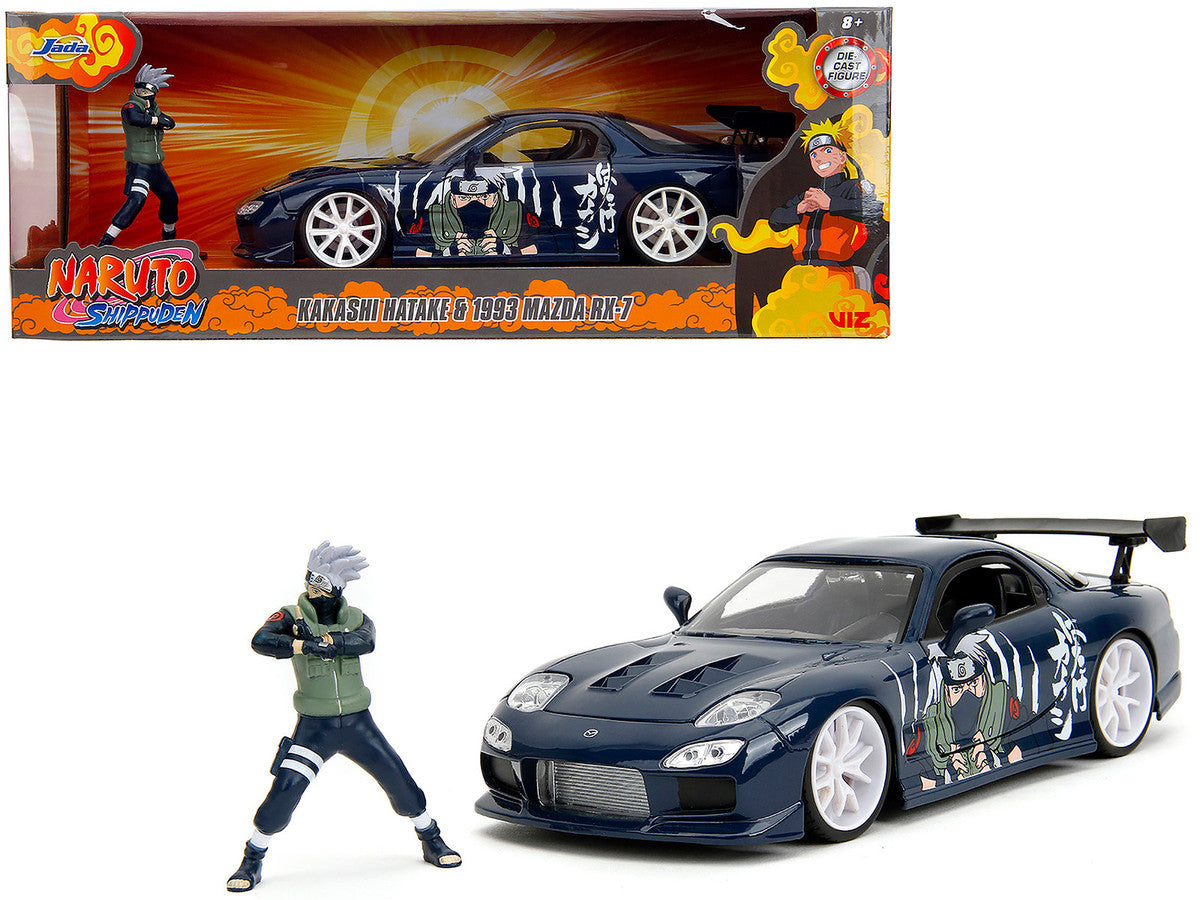 1993 Mazda RX-7 Dark Blue with Graphics and Kakashi Hatake Diecast Figure "Naruto Shippuden" (2009-2017) TV Series "Anime Hollywood Rides" Series 1/24 Diecast Model Car by Jada