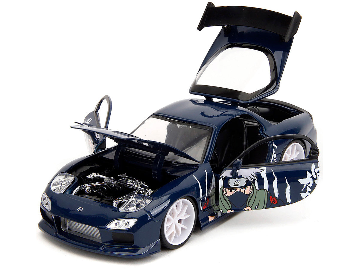 1993 Mazda RX-7 Dark Blue with Graphics and Kakashi Hatake Diecast Figure "Naruto Shippuden" (2009-2017) TV Series "Anime Hollywood Rides" Series 1/24 Diecast Model Car by Jada