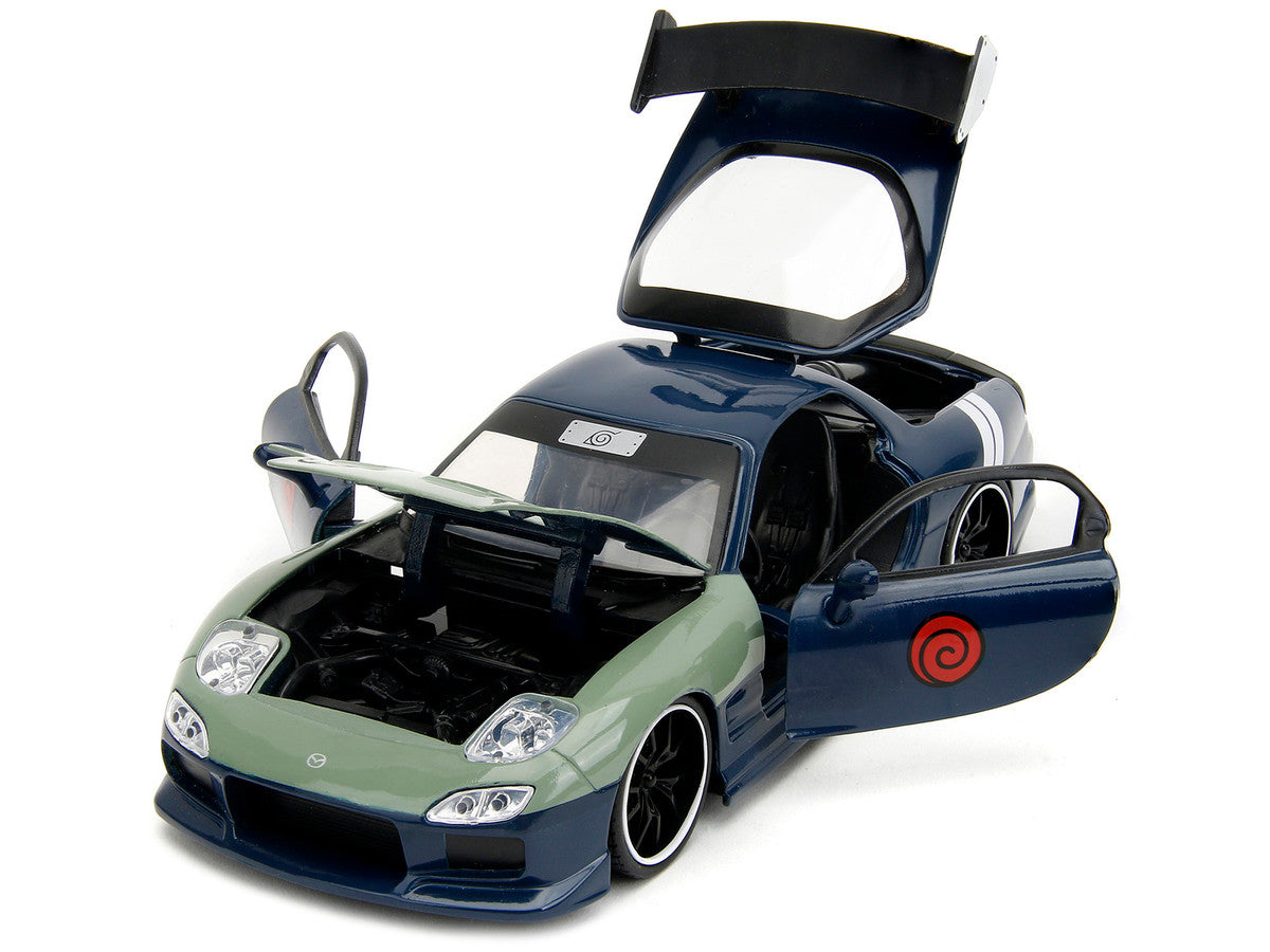 1993 Mazda RX-7 Dark Blue with Green Hood and Kakashi Hatake Diecast Figure "Naruto Shippuden" (2009-2017) TV Series "Anime Hollywood Rides" Series 1/24 Diecast Model Car by Jada