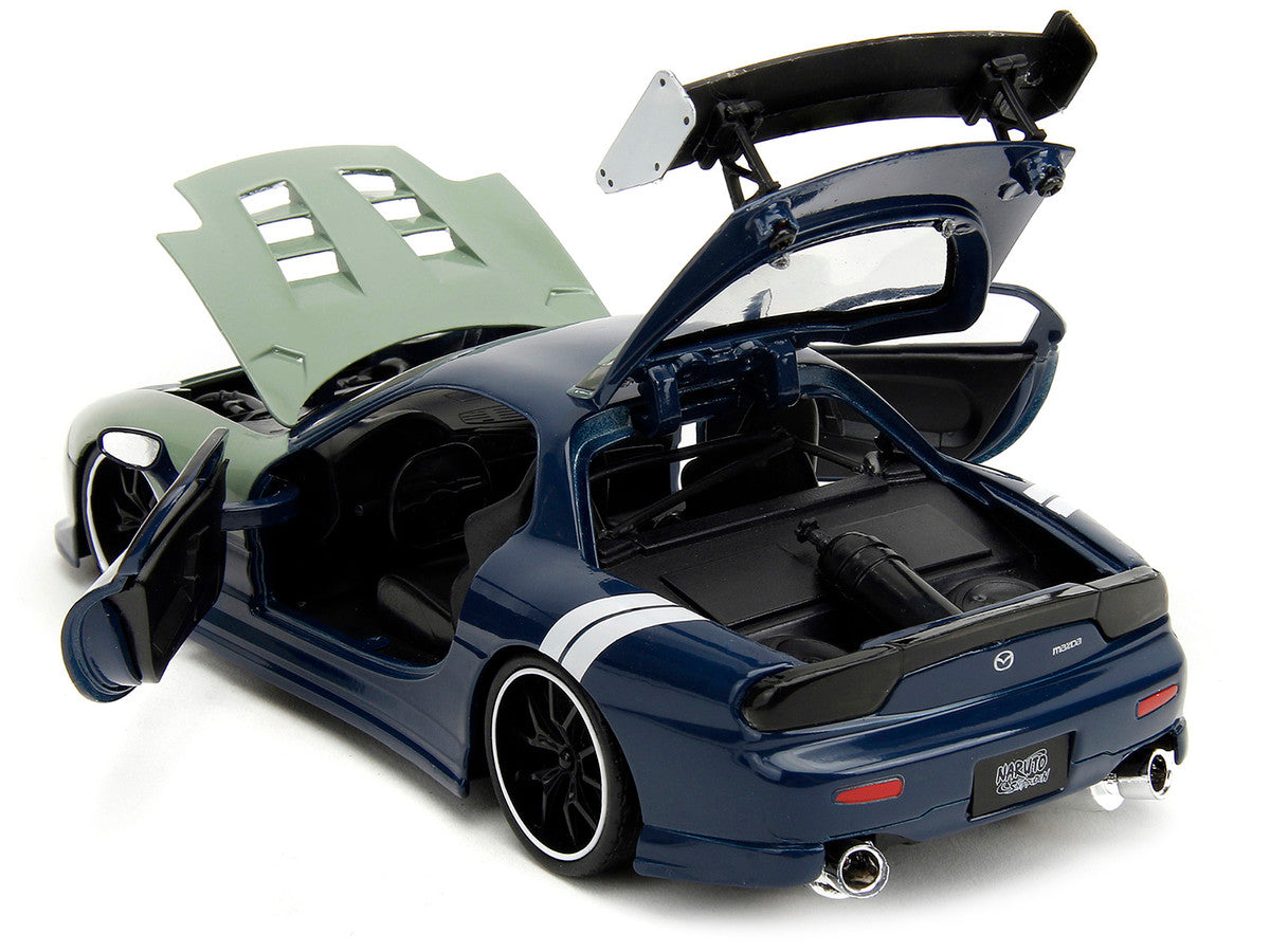 1993 Mazda RX-7 Dark Blue with Green Hood and Kakashi Hatake Diecast Figure "Naruto Shippuden" (2009-2017) TV Series "Anime Hollywood Rides" Series 1/24 Diecast Model Car by Jada