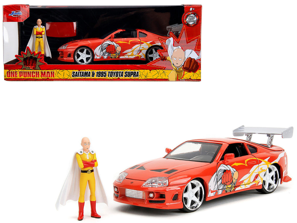 1995 Toyota Supra Red with Graphics and Saitama Diecast Figure "One Punch Man" (2015-2019) TV Series 1/24 Diecast Model by Jada