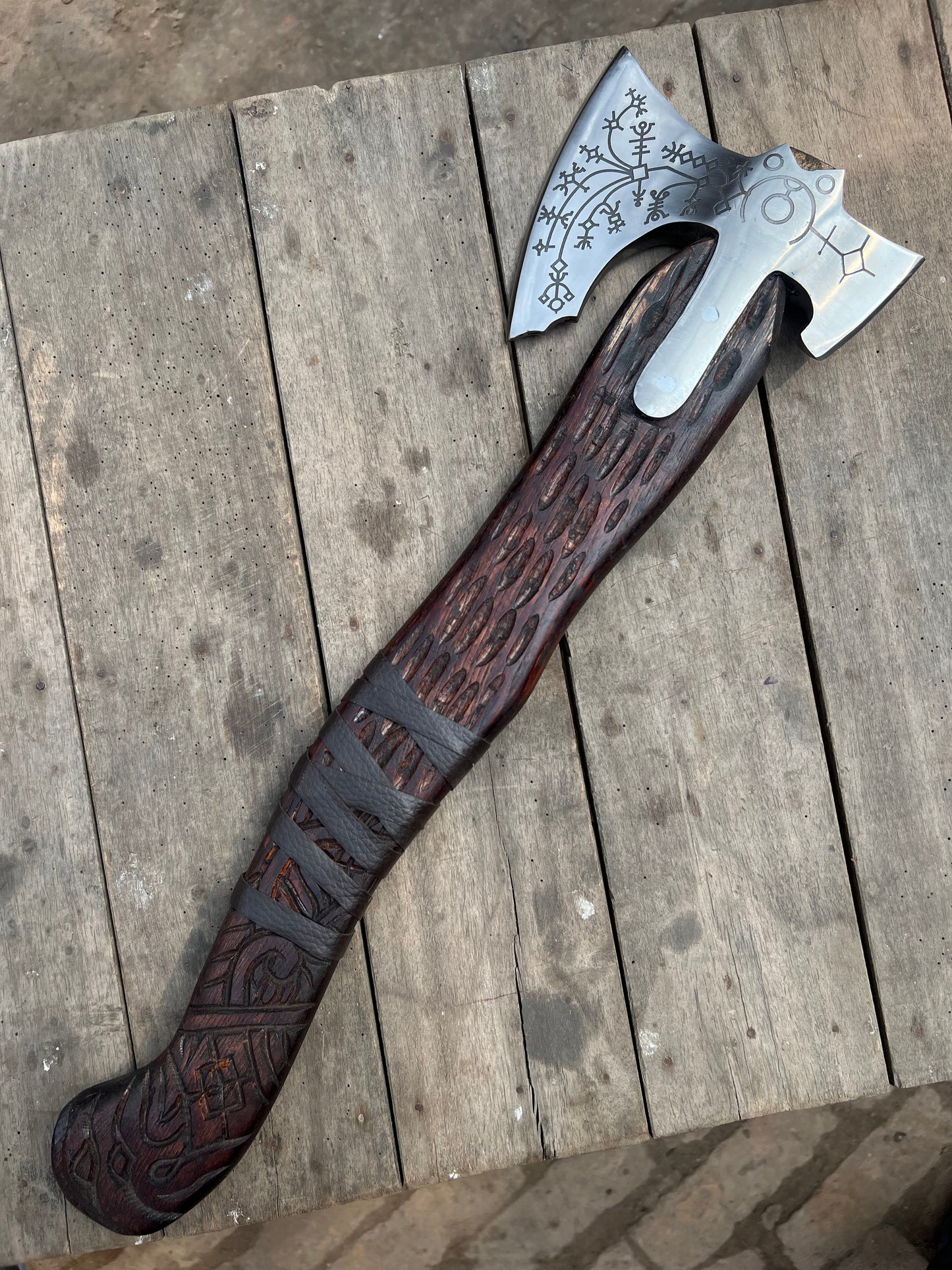 Hand Engraved Viking Double-Bit Axe with Carved Hardwood Handle and Norse Rune Detailing | Handmade Damascus Steel Collector Axe | JW SteelCrafts