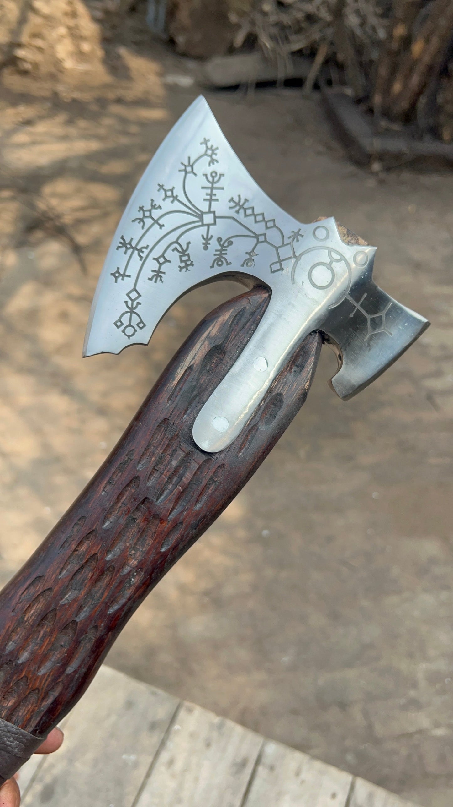 Hand Engraved Viking Double-Bit Axe with Carved Hardwood Handle and Norse Rune Detailing | Handmade Damascus Steel Collector Axe | JW SteelCrafts
