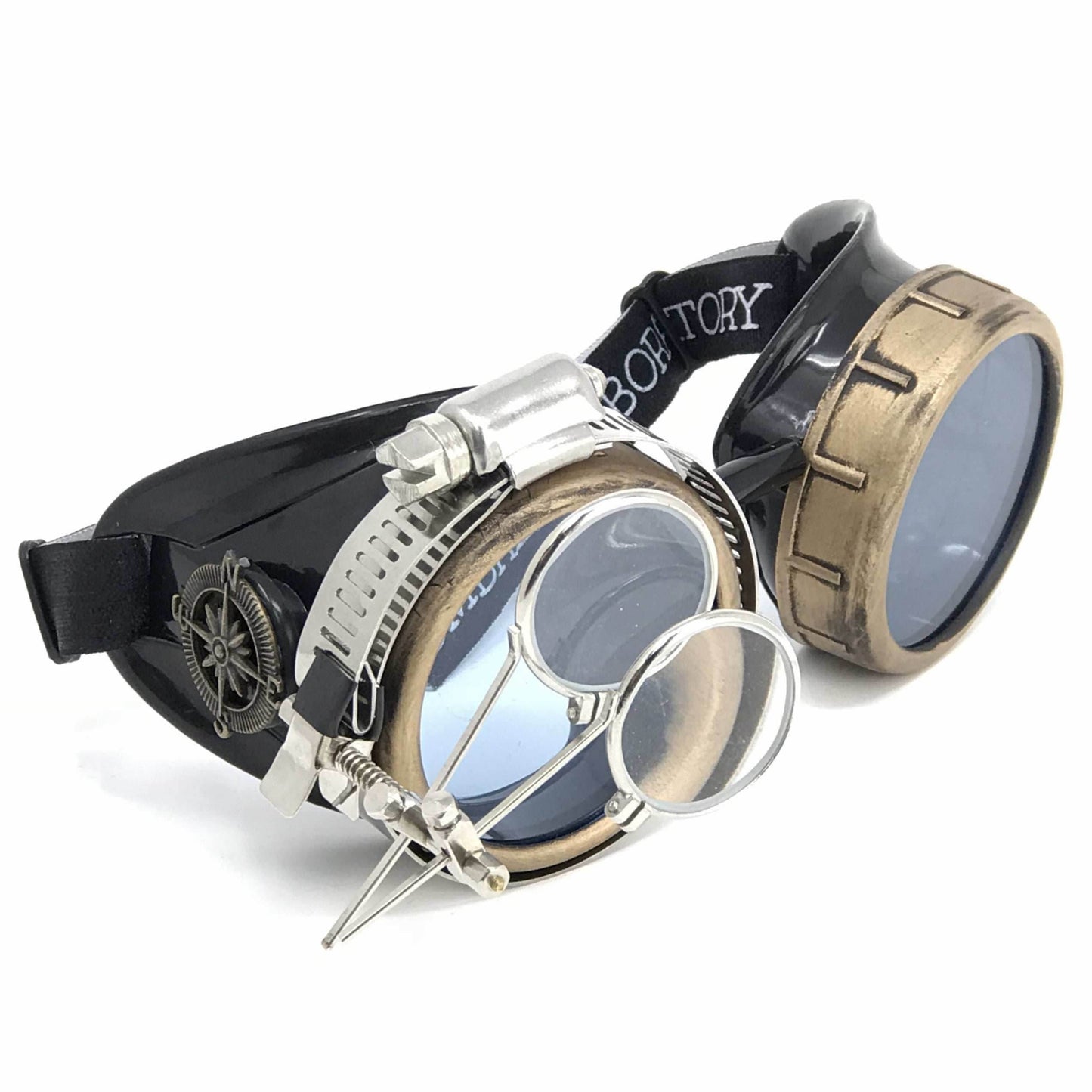 Steampunk Goggles with magnifying loupes UV glow neon blue lenses - 