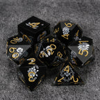 Black resin DND dice set with silver-white vintage magic emblem + gold numbers