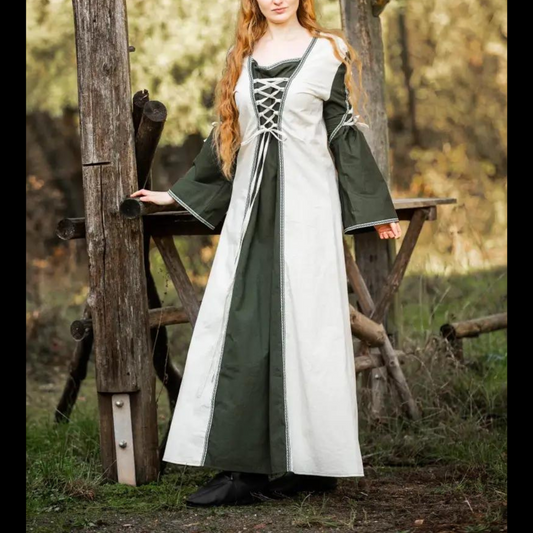 Vestido Vikingo Con Cordones - Vestido Natural y Verde con Borde