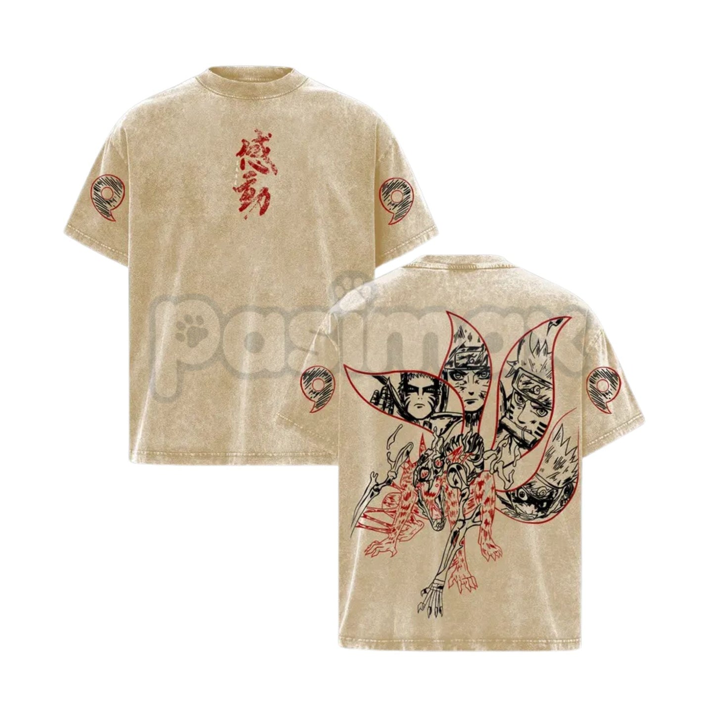 Naruto Kurama Sharingan T-Shirt – Vintage Washed Oversized Anime Tee, Nine-Tails Fox Graphic