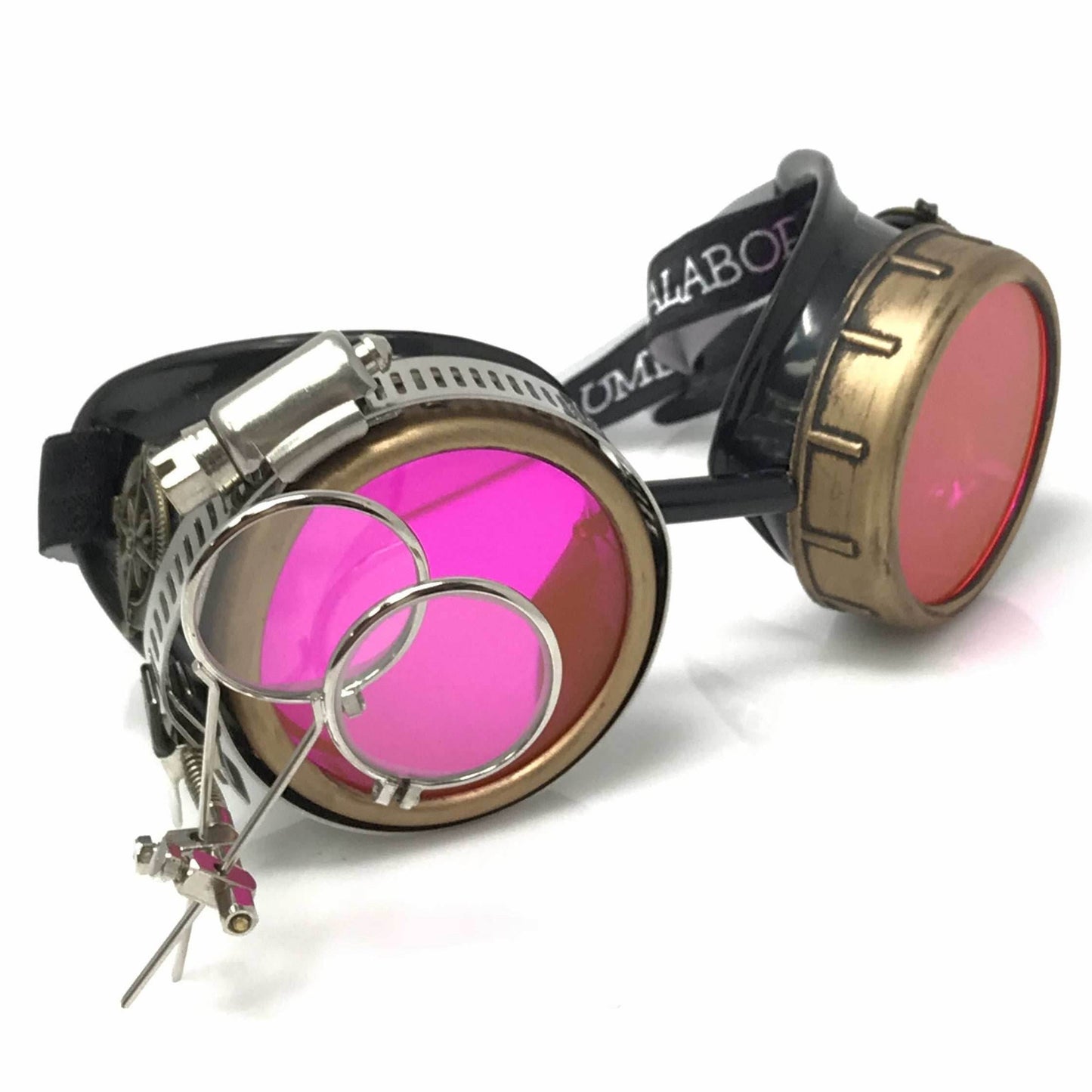 Steampunk Goggles with magnifying loupes UV glow neon pink lenses - 