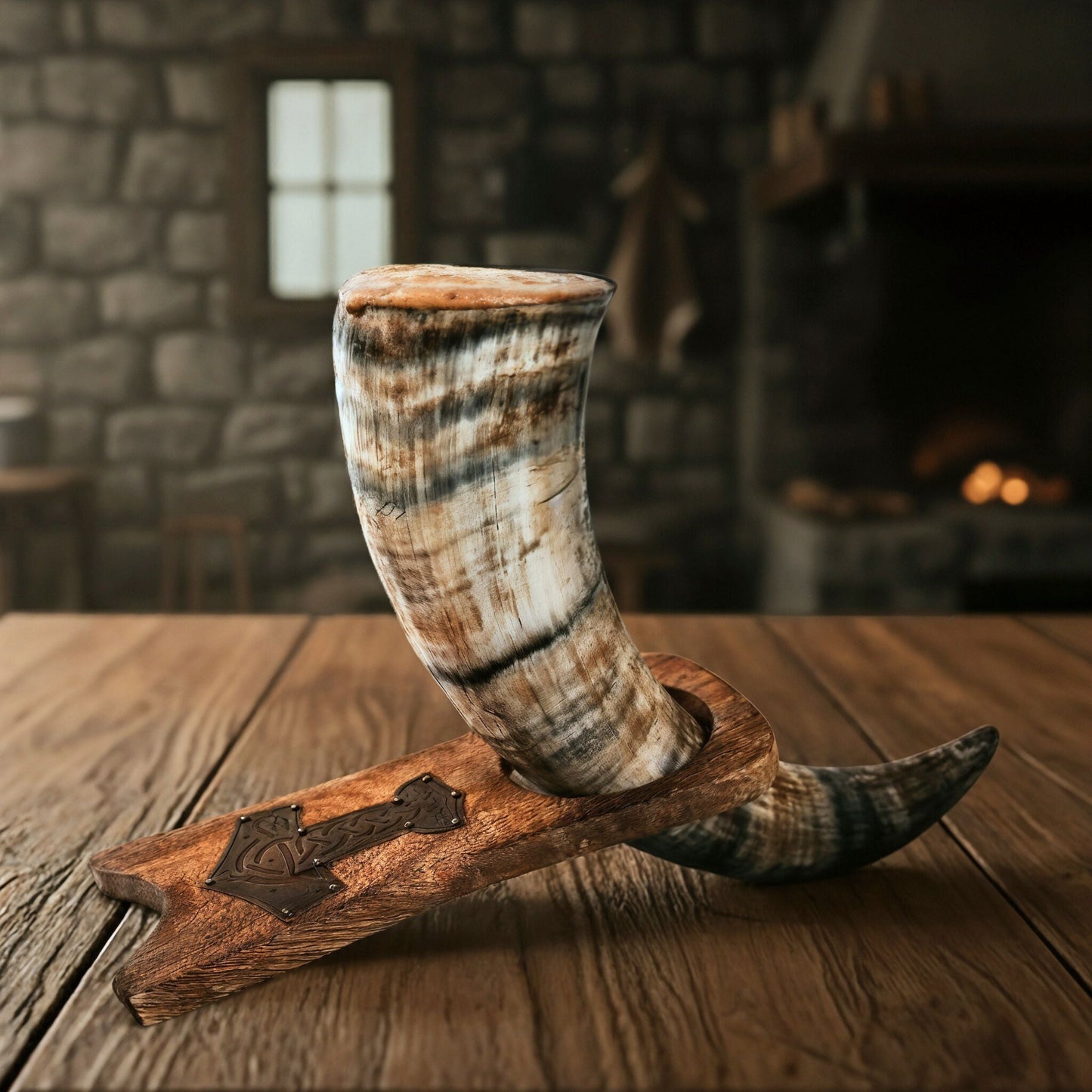 Curved Drinking Horn with Wooden Stand
