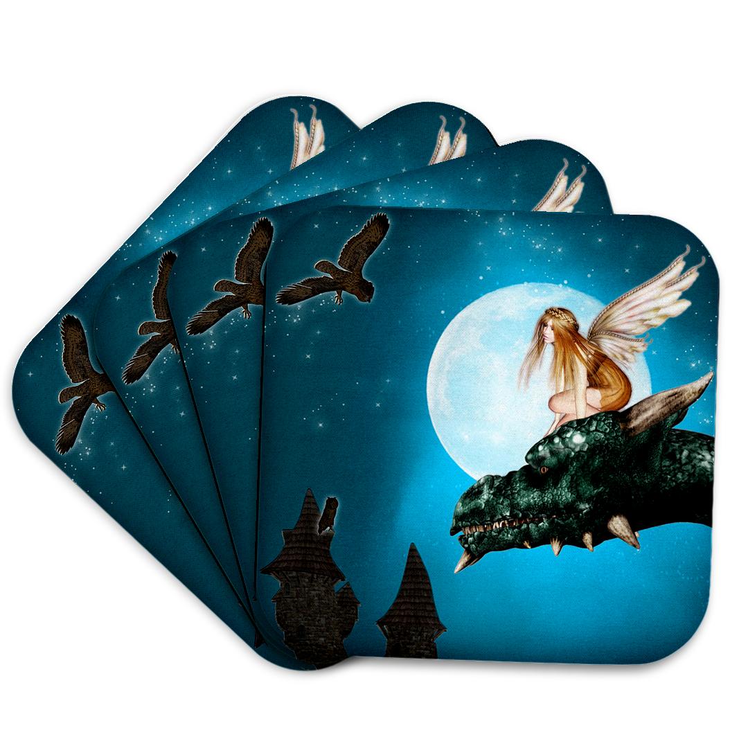 3dRose Renderly Yours Fairies - Fairy Dragon Fantasy with Moon and Owls - Coasters (cst_25967)