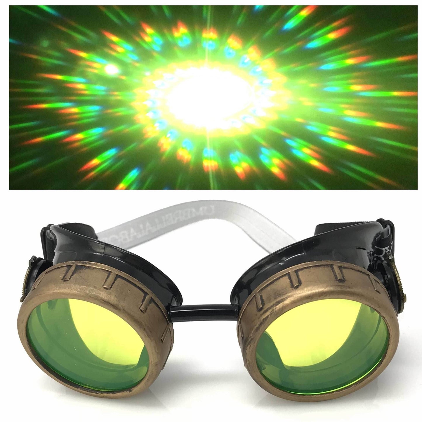 Steampunk Aviator Goggles music festival diffraction lenses - lime green