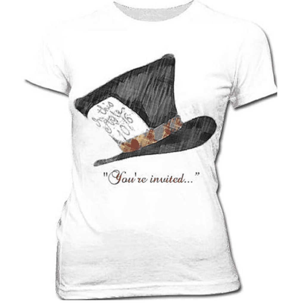 Alice in Wonderland Mad Hatter Hat You're Invited Juniors White T-Shirt Tee - S