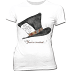 Alice in Wonderland Mad Hatter Hat You're Invited Juniors White T-Shirt Tee - S
