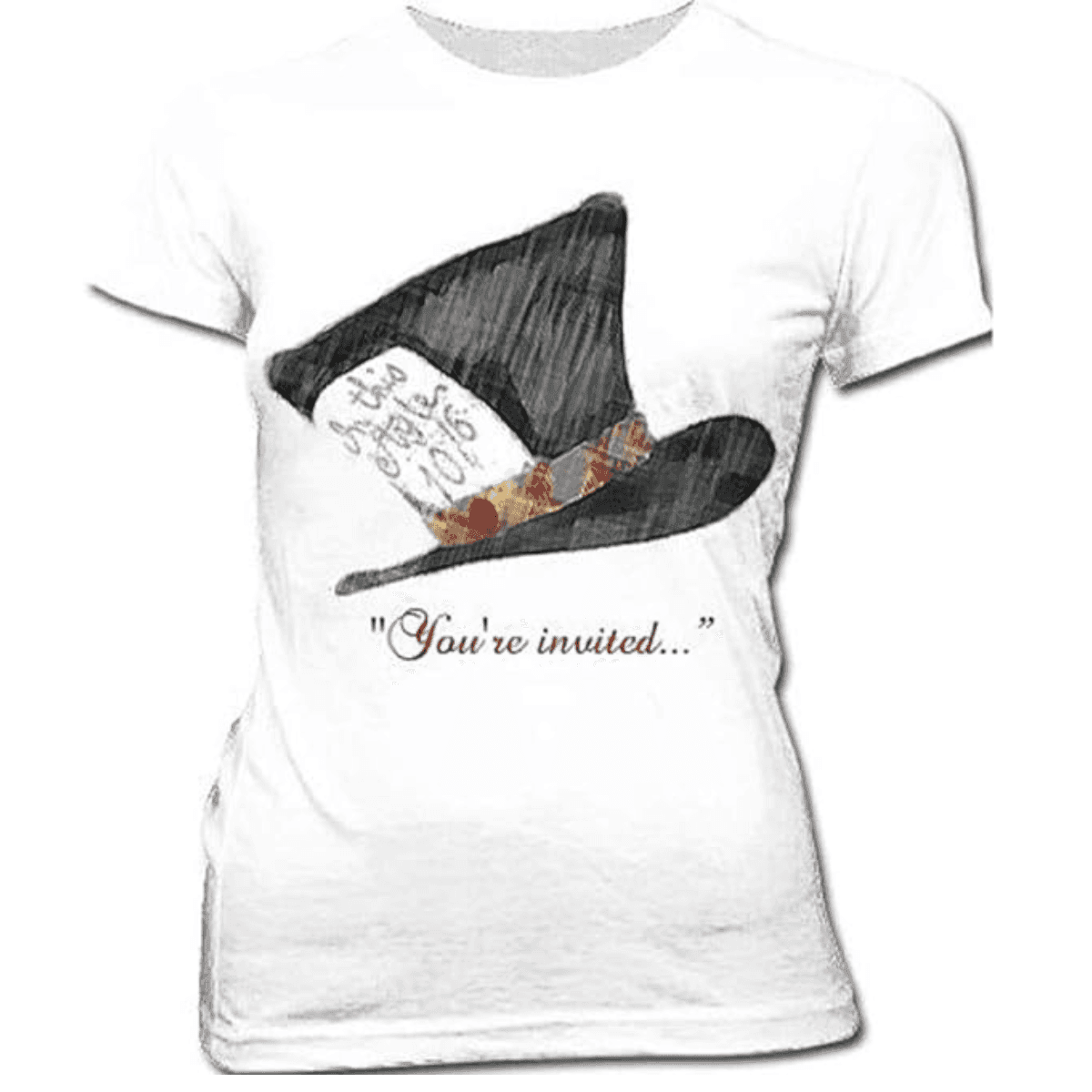 Alice in Wonderland Mad Hatter Hat You're Invited Juniors White T-Shirt Tee - S