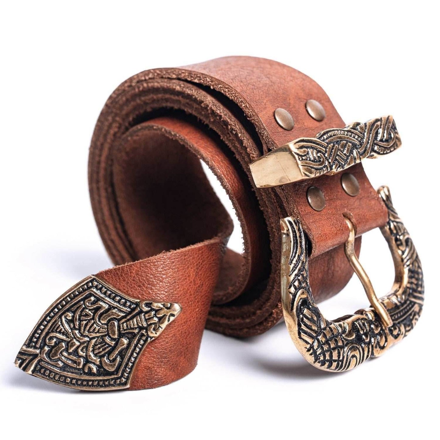 Brown Leather Belt with Brass Buckle & Tip - 