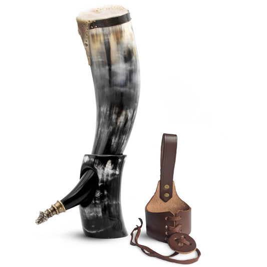 Curved Drinking Horn Bundle with Stand & Holster - Eldenwulf / 12 Inches / Low Polish