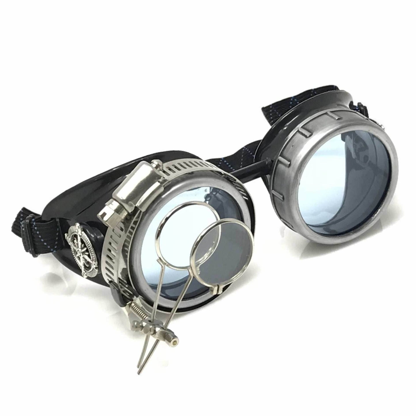 Steampunk Metallic Goggles with magnifying eye loupes pastel goth punk - light blue