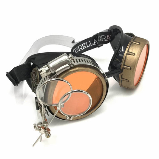 Steampunk Goggles with magnifying loupes UV glow neon orange lenses - 