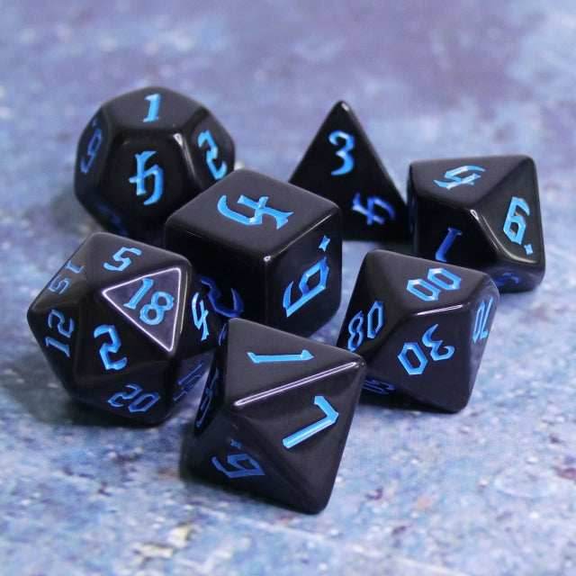 Economy Black Dice (Blue font) 7-Dice Set RPG DND - 