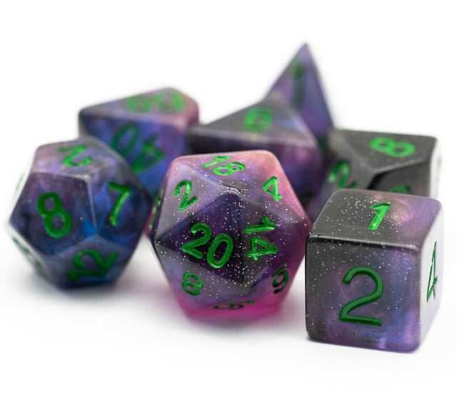 Purple & Blue w/green Galaxy Glitter 7-Dice Set RPG - 
